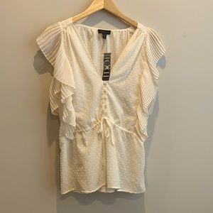Topshop IDOL TOP Cream chiffon dot w/cold shoulder